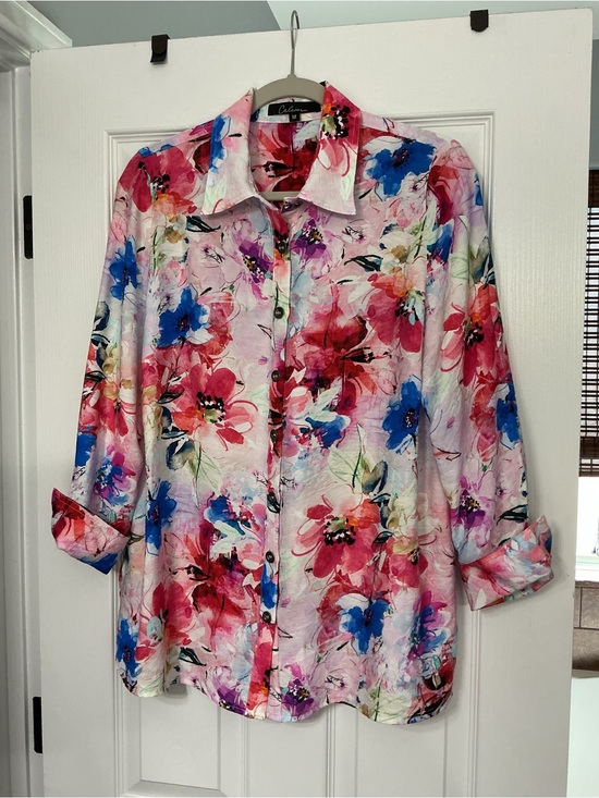 Tops - Floral Button-Up Shirt - Pink Multi